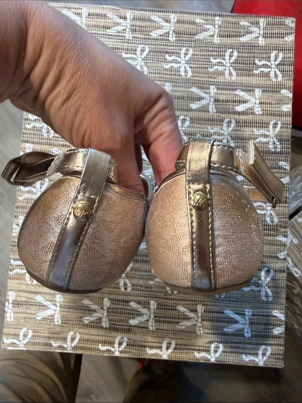 NWOT Michael Kors Rose Gold Logo Ballet Flats with Ankle Strap